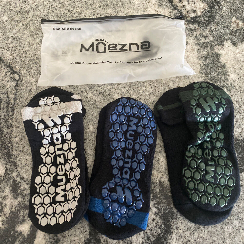 Muezna Socks Non Slip Workout Dance Yoga 3 Pair Green Blue Grey Athletic Socks